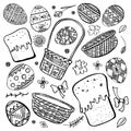 Easter sketch set. Painted eggs, Easter cakes and baskets. Hand drawn outline ink vector illustration